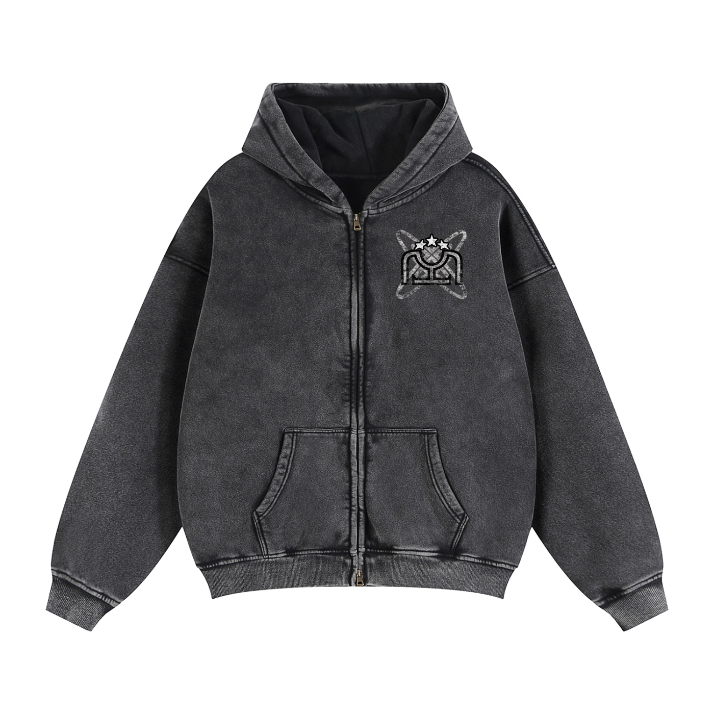Black/White Zip-Through Boxy Fleece Hoodie