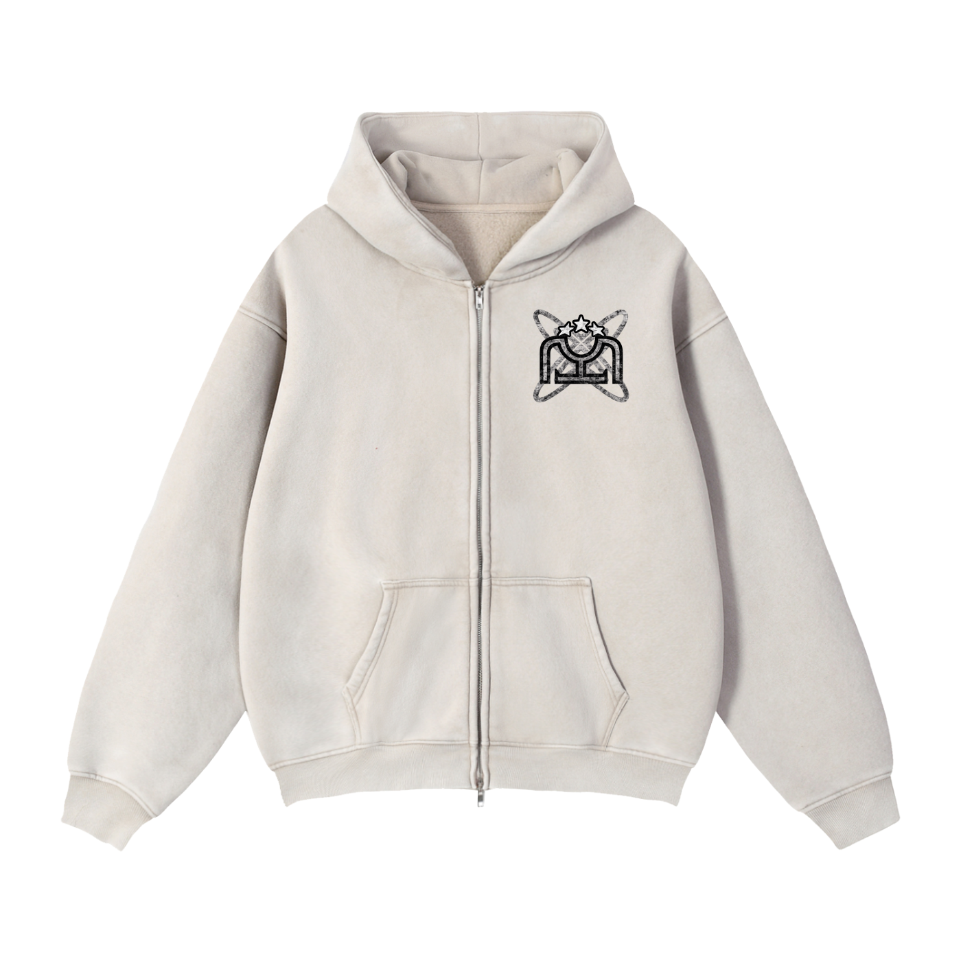 Black/White Zip-Through Boxy Fleece Hoodie