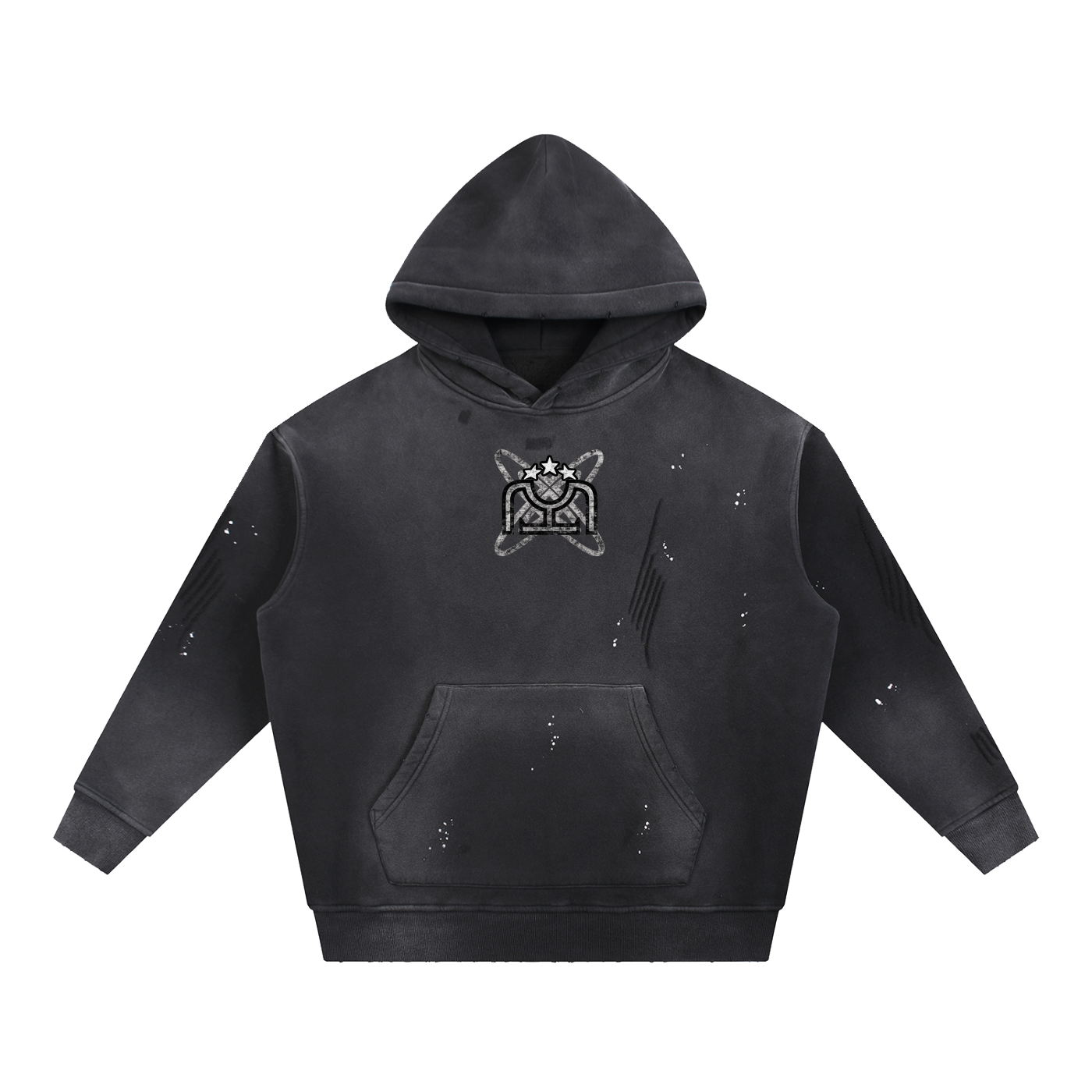 Black/White Vintage Washed Frayed Fleece Hoodie