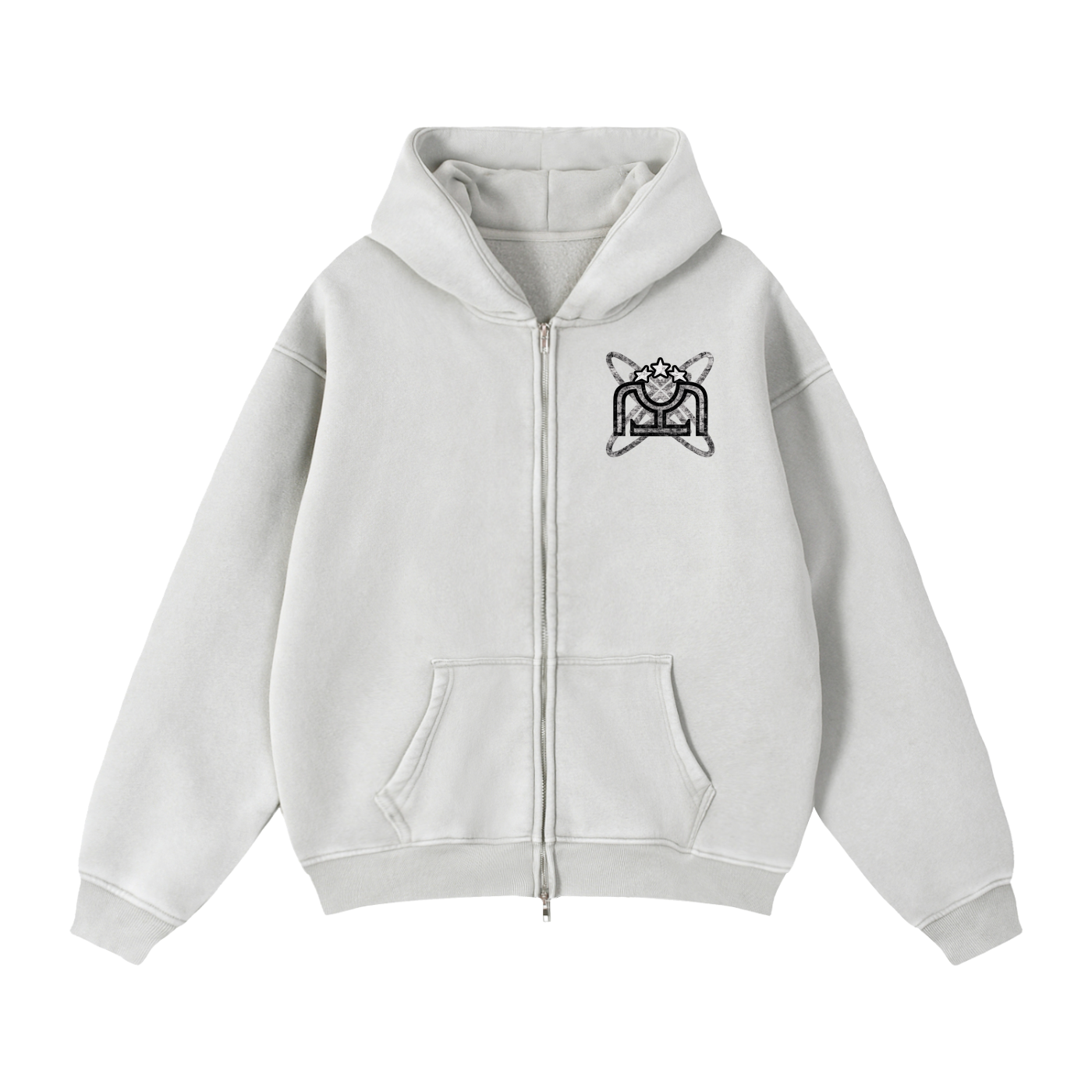 Black/White Zip-Through Boxy Fleece Hoodie
