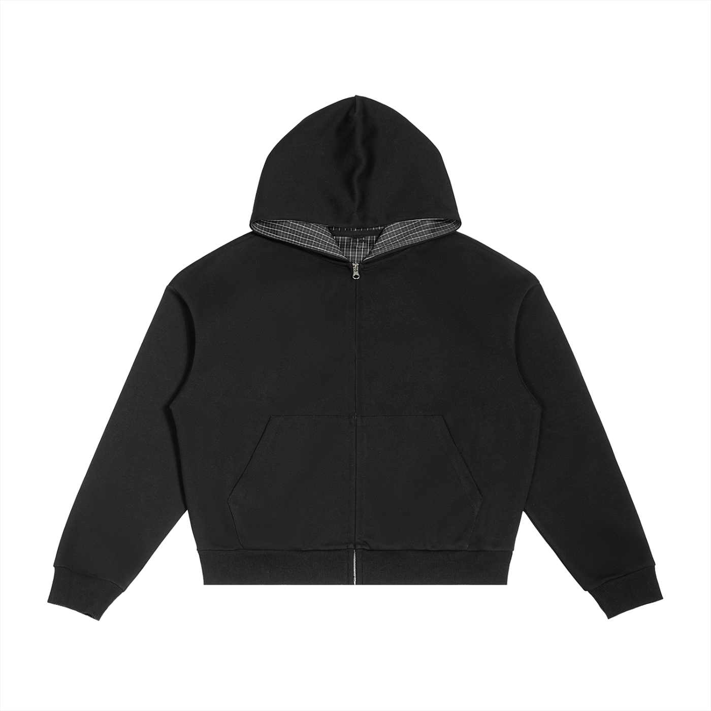 Black/White Contrast Plaid Boxy Zip Hoodie