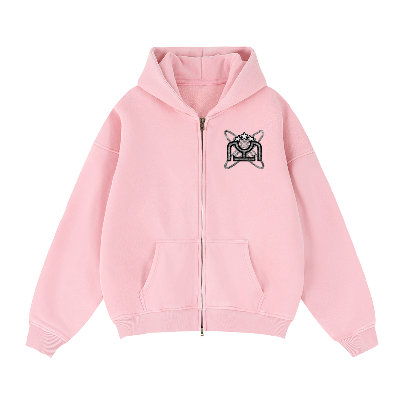 Black/White Zip-Through Boxy Fleece Hoodie