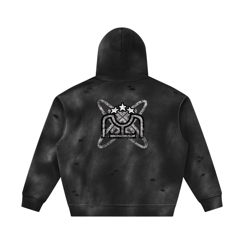 Black/White Sunfade Frayed Fleece Hoodie